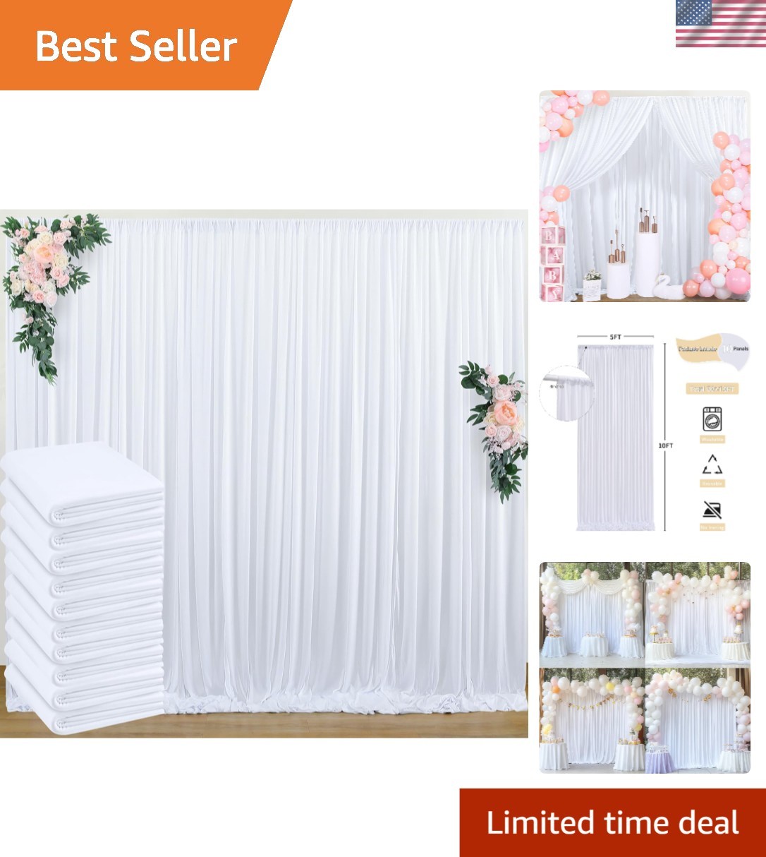 50 ft x 10 ft White Wrinkle-Free Polyester Backdrop Curtains for Weddings & E...