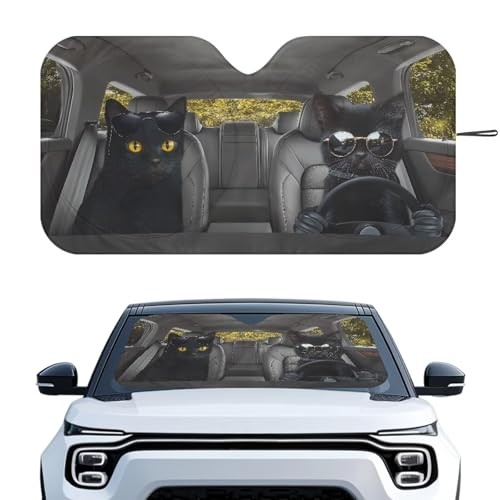 Car Front Windshield Sun Shade Reflect UV Sun and Heat Foldable Drive Black Cat