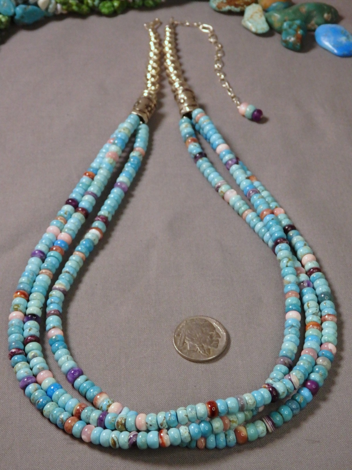 INDIAN CORN Bead Necklace SONORAN TURQUOISE Wampum ++ Sterling Silver 23-27"