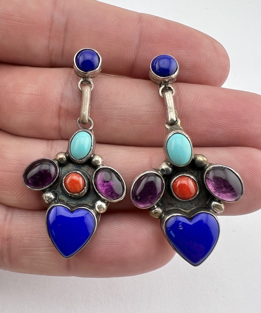 Vtg Navajo Sterling Silver Amethyst Turquoise Coral Lapis Heart Post Earrings