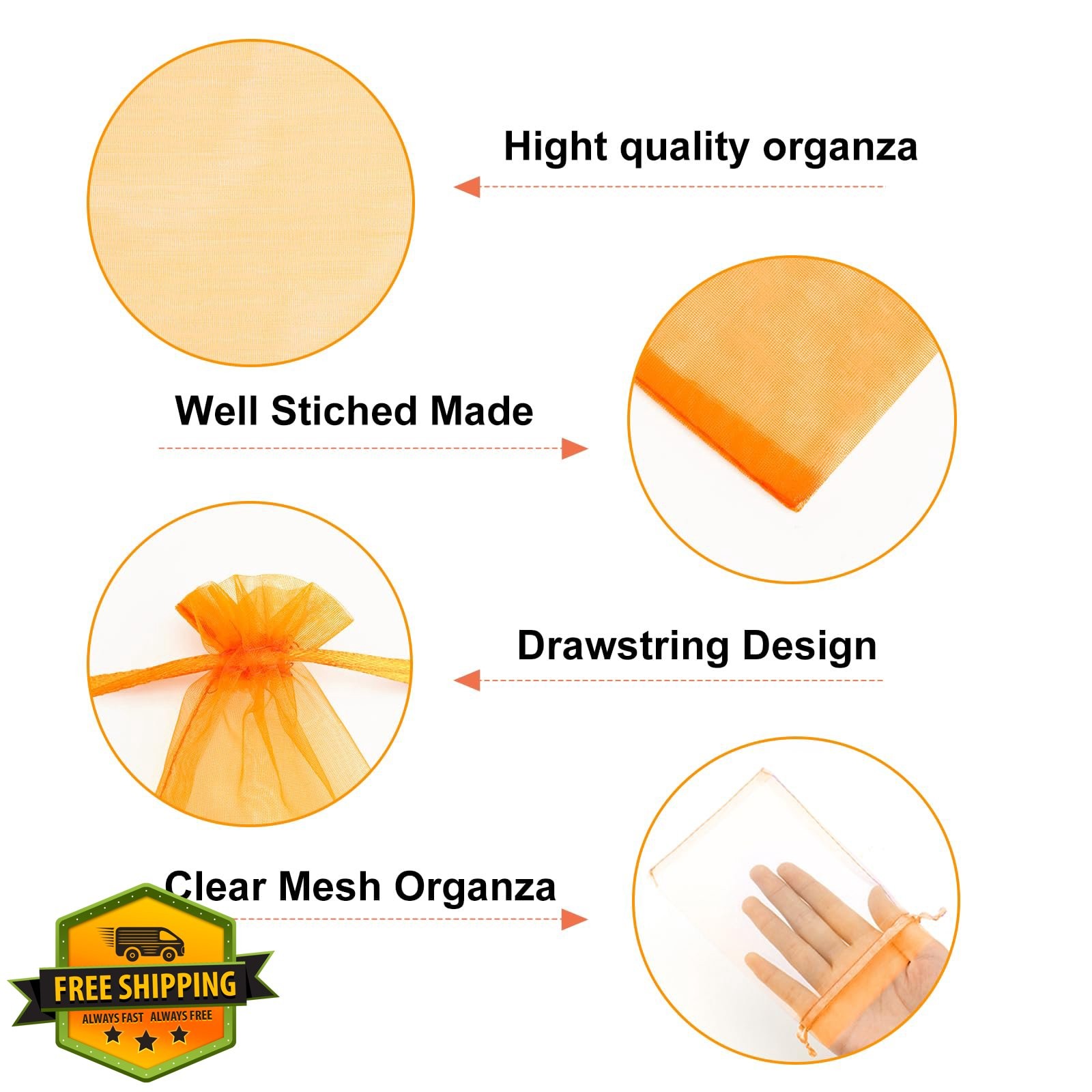 G2PLUS 4x6" Orange Organza Bags 100 Pcs Drawstring Gift Pouches