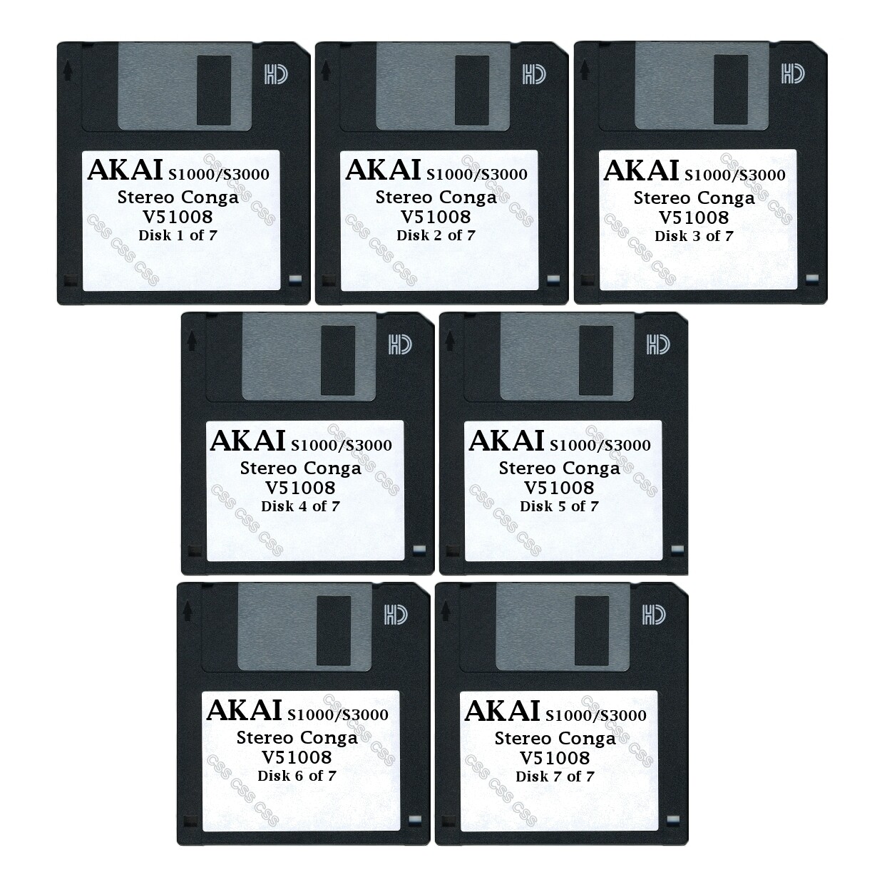 Akai S1000 / S3000 Set of Seven Floppy Disks Stereo Conga  V51008