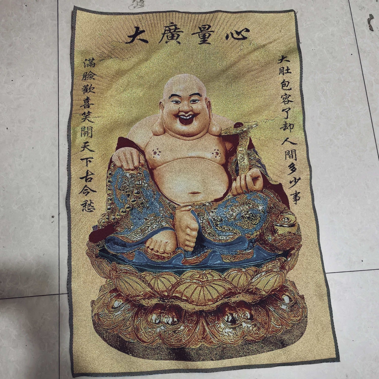 China Old Brocade Embroidery Tangka,Great Buddha, God of Wealth, Buddha statue