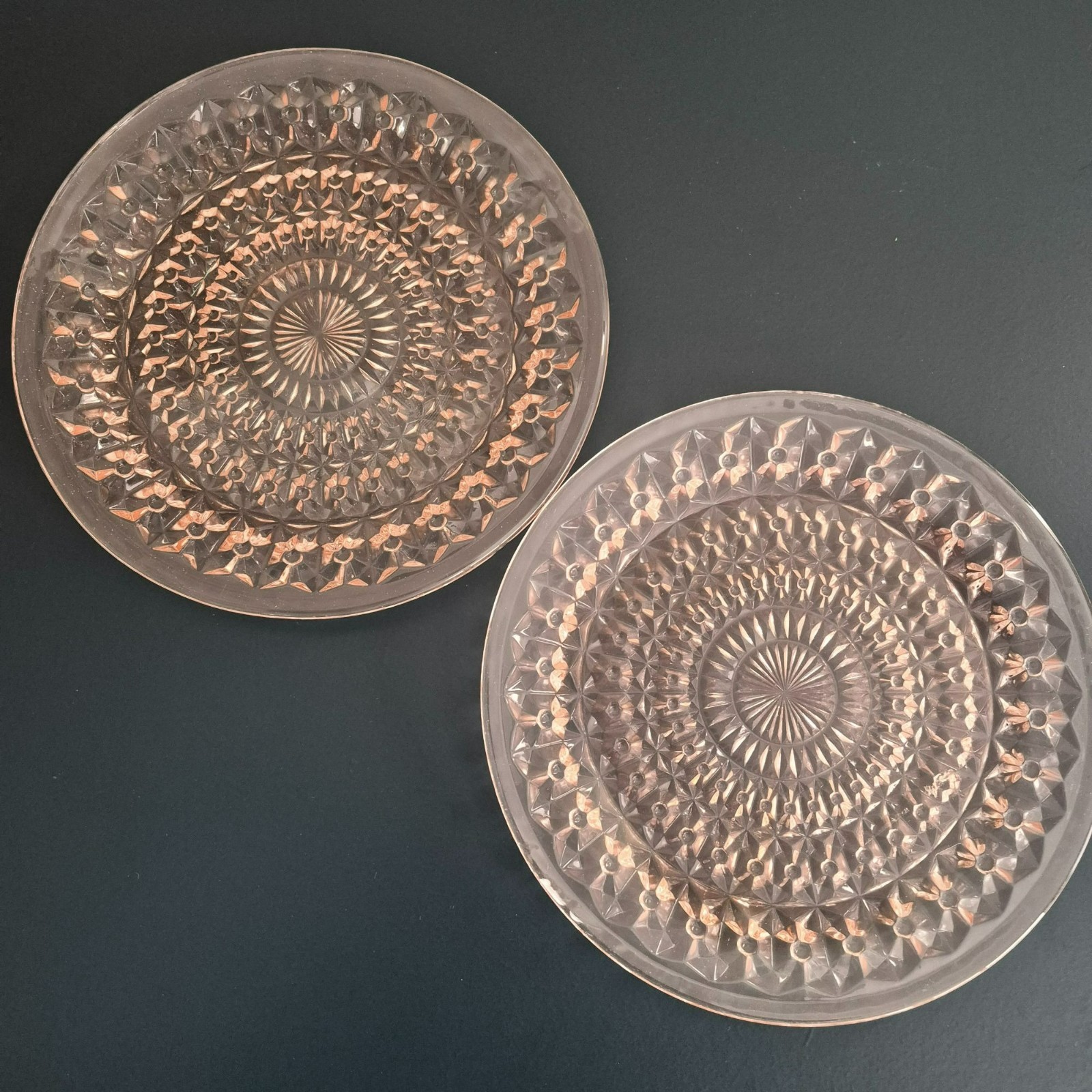 Vintage Jeannette 1940-60s Holiday Pink Glass Dinner Plate SET of 2 Button & Bow