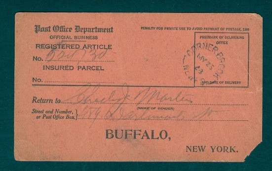 US REG INSURED PARCEL CARD 1928 TO NEWFOUNDLAND