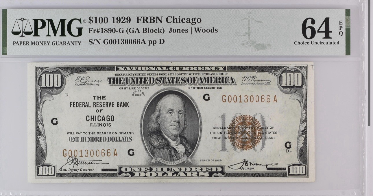 1929 $100 CHICAGO FEDERAL RESERVE BANKNOTE FR#1890-G PMG 64 EPQ