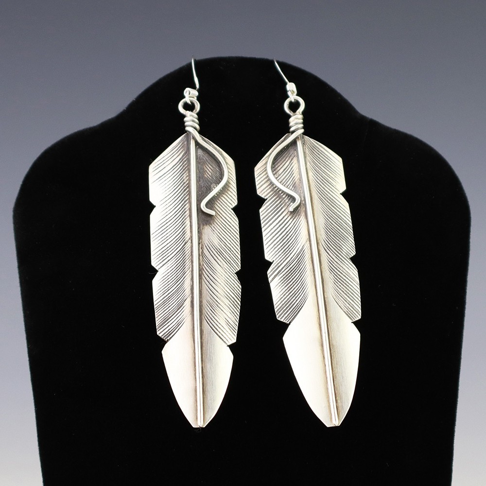 NATIVE AMERICAN NAVAJO STERLING SILVER FEATHER EARRINGS BY CHRIS CHARLEY