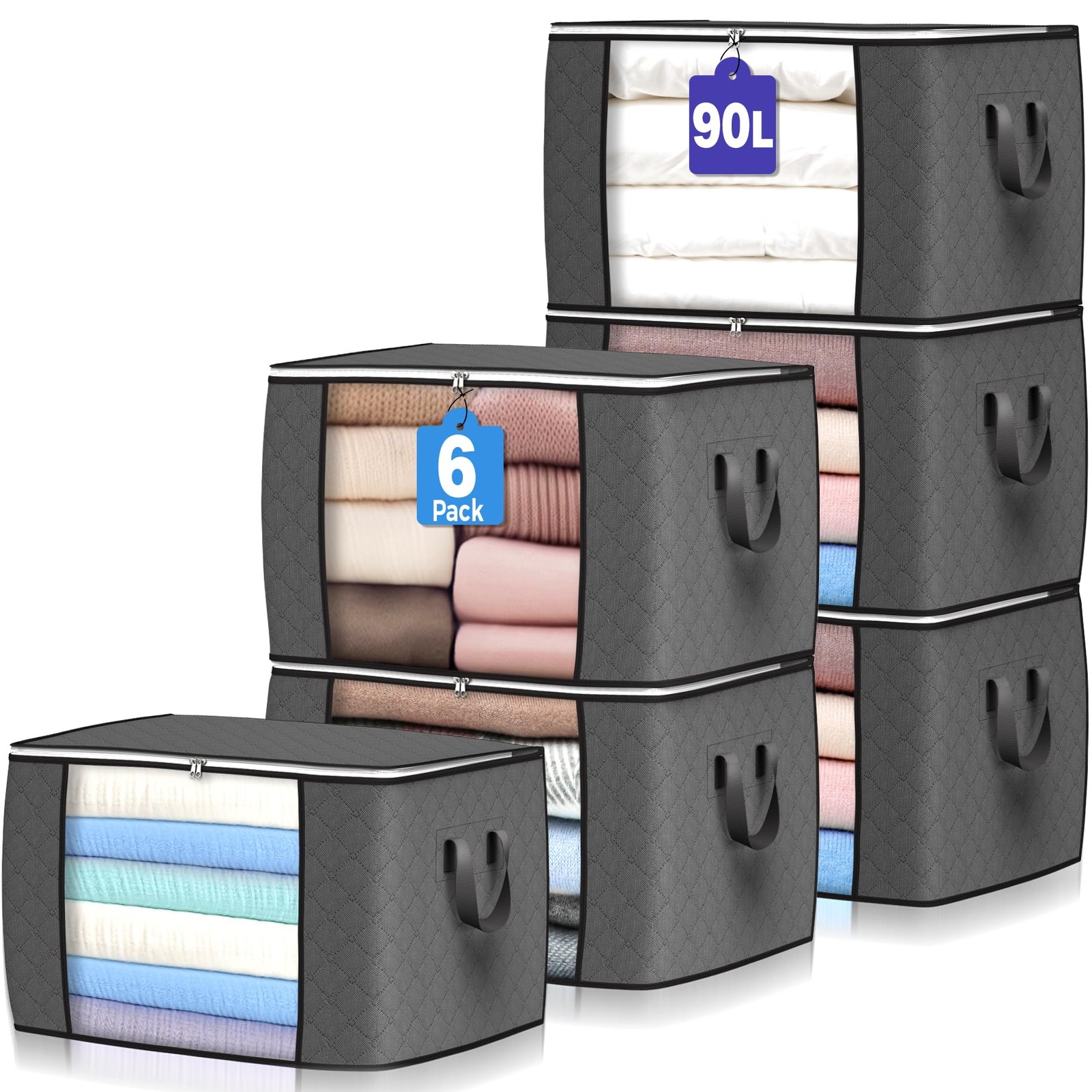 90 L Large Storage Bags, 6 Pack Clothes Bins Foldable 6 Pack, Grey 