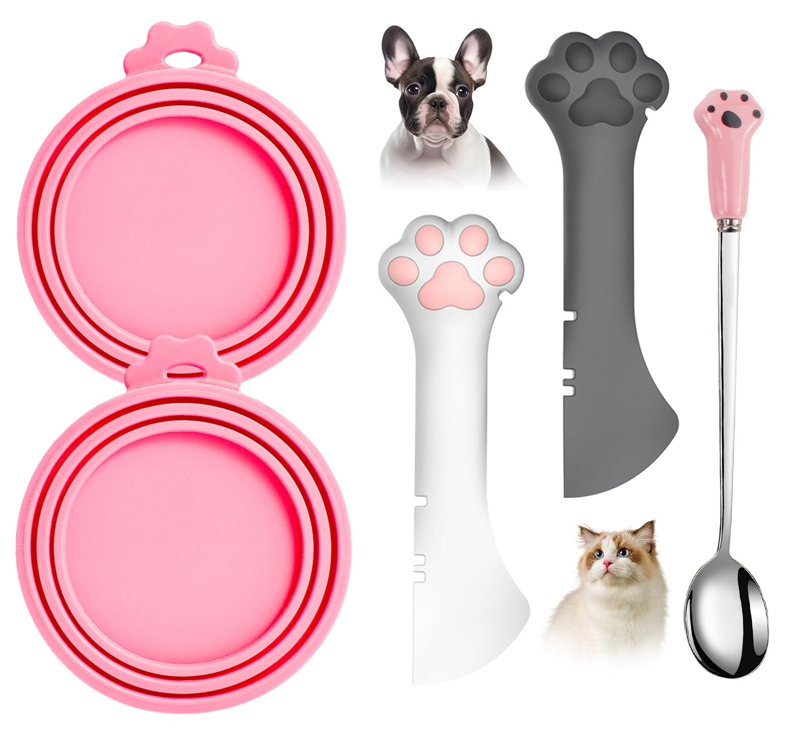 Comtim 5 PCS Pet Food Can Lids & Spoons Set - Silicone Dog Cat Covers Pink 