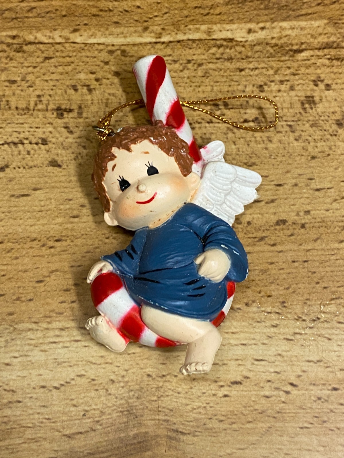 Vintage PLASTIC Angel Swinging on Candy Cane Christmas Ornament 3"
