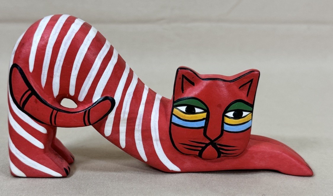 Laurel Burch Style Wood Carved Stretching Cat Figurine Hand-painted