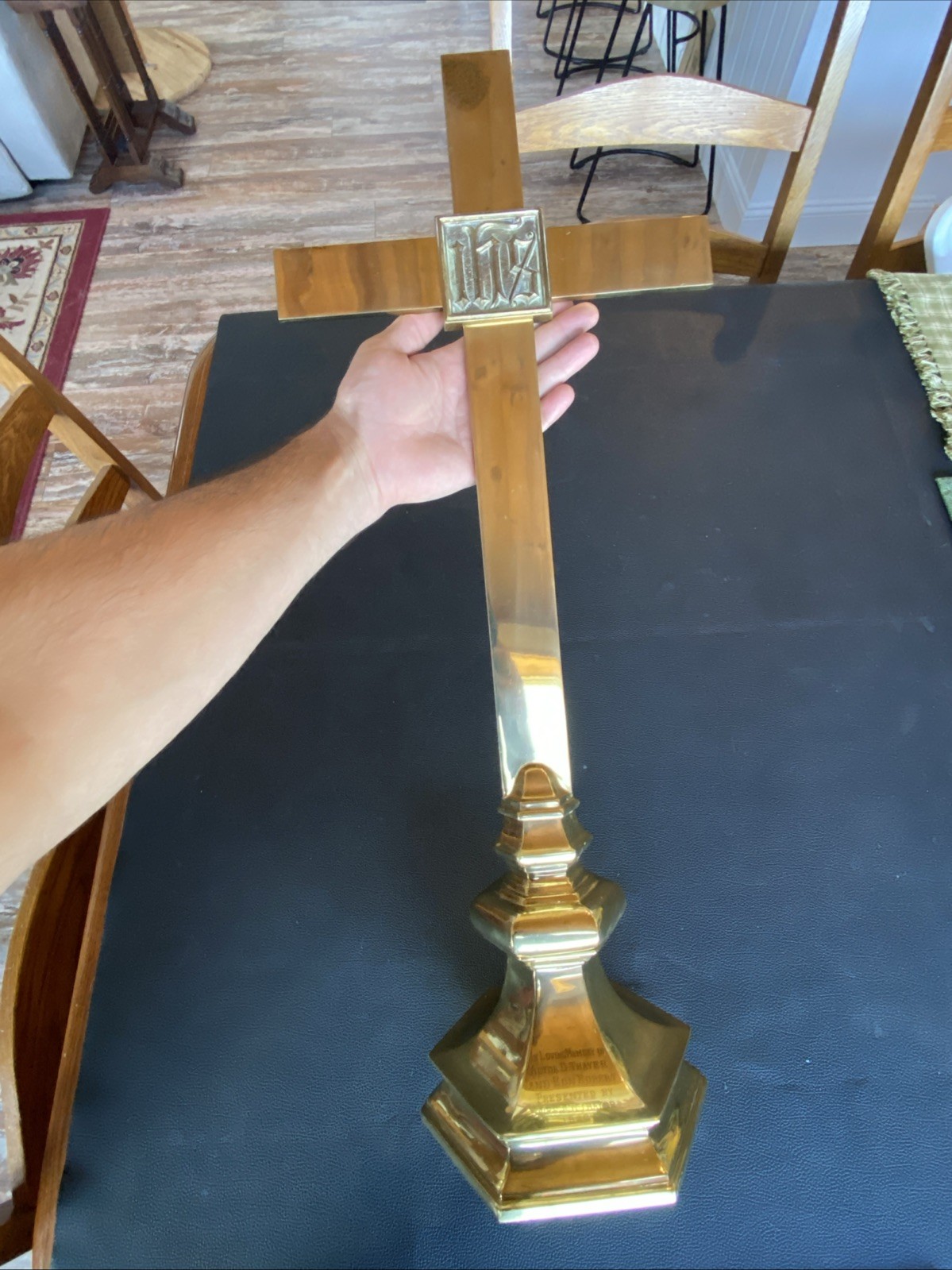 26.5” MCM IHS Crucifix Vtg 1948 Solid Brass Signed GORHAM CO Church Alter Cross