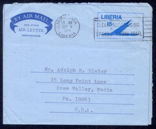 LIBERIA 1974 AIR LETTER TO USA