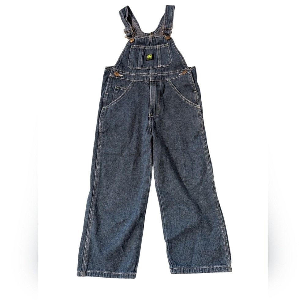 John Deere Blue Denim Overalls Green Stitching Patch Size 6 Youth