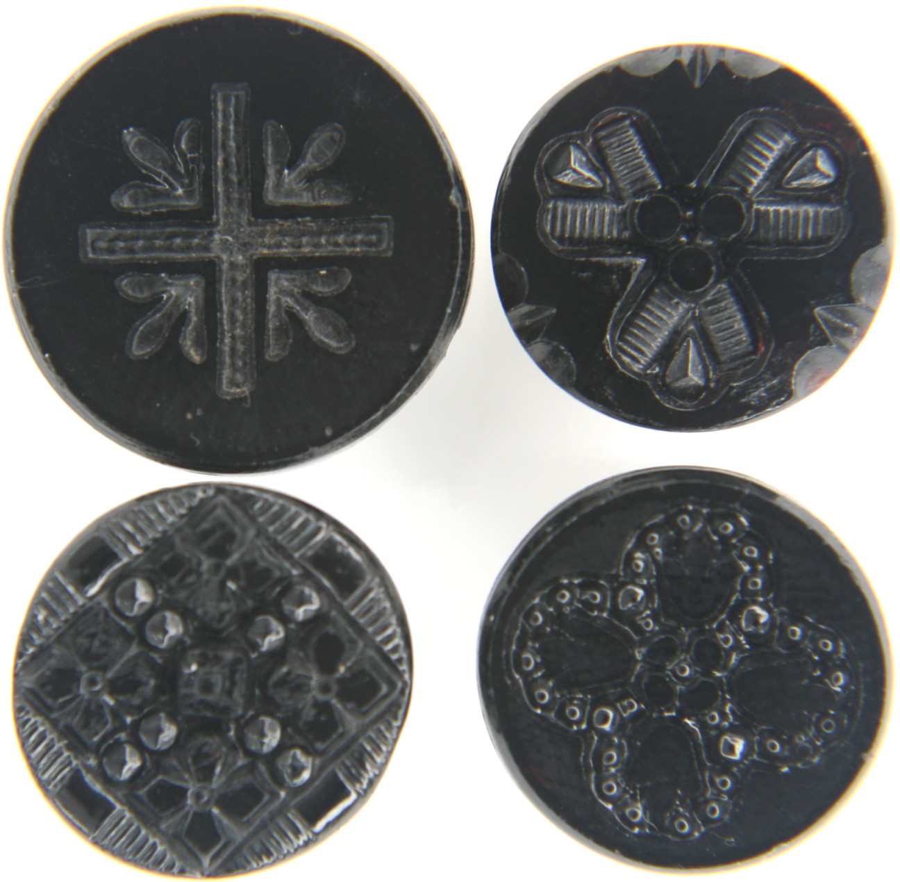 C1890 Antique Victorian Black Glass Button LOT 4 Cross Floral Iron Cross Pattern