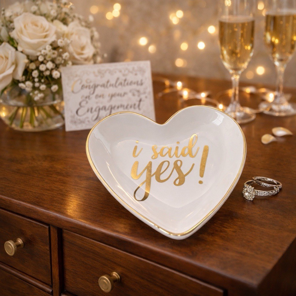 💍 "I Said Yes" Heart Trinket Dish Gold Rim Engagement Wedding Ring Holder Gift