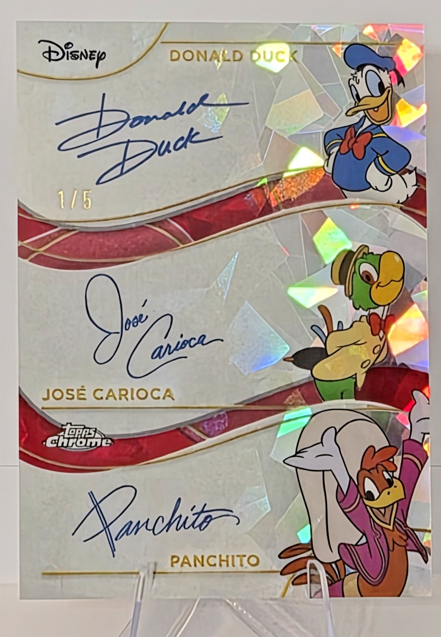 2025 Topps Chrome Disney Donald Duck Triple Facsimile Auto Red Sapphire 1/5 TR-1
