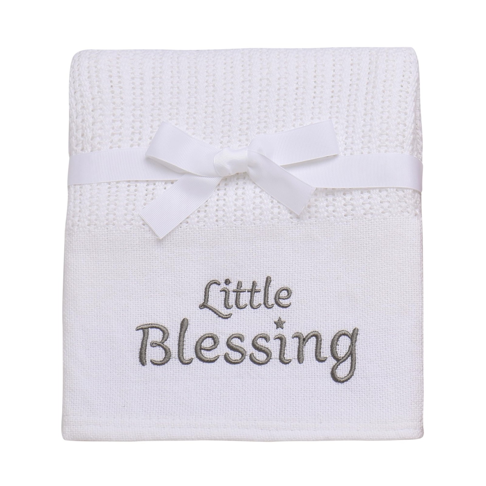 30x40 Inch White Unisex Cotton Knit Embroidered Little Blessings Baby Blanket