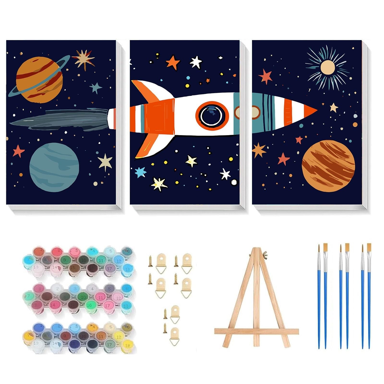 3 Pack Paint by Numbers Kit for Kids with Frame and Easel, Space Rocket Kids Pai