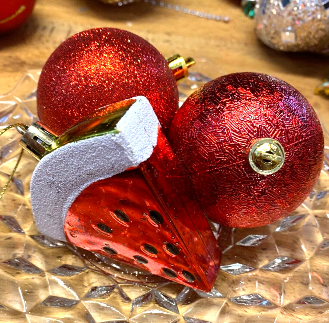 3  Shiny Red Ball  & Watermelon Plastic Christmas Ornaments 2"-3"