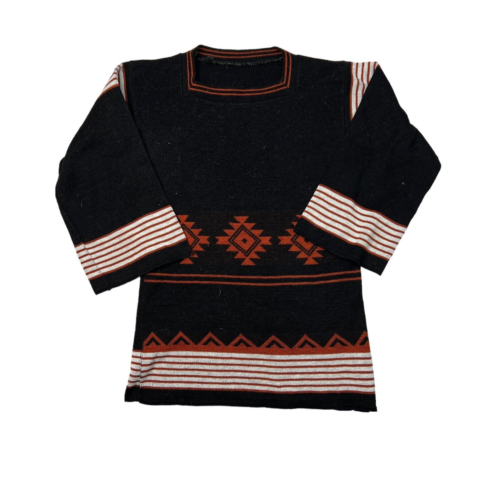 Vintage 70s Square Neck Wide Sleeve Sweater Dress Black Brown Girls M Medium