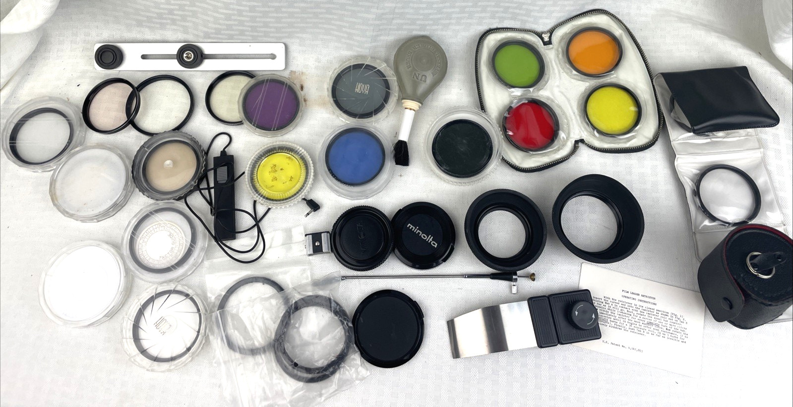 Lot of 35mm Photo Items: Lens Filters, Caps & Hoods, Flash Cable, LIST BELOW 30+