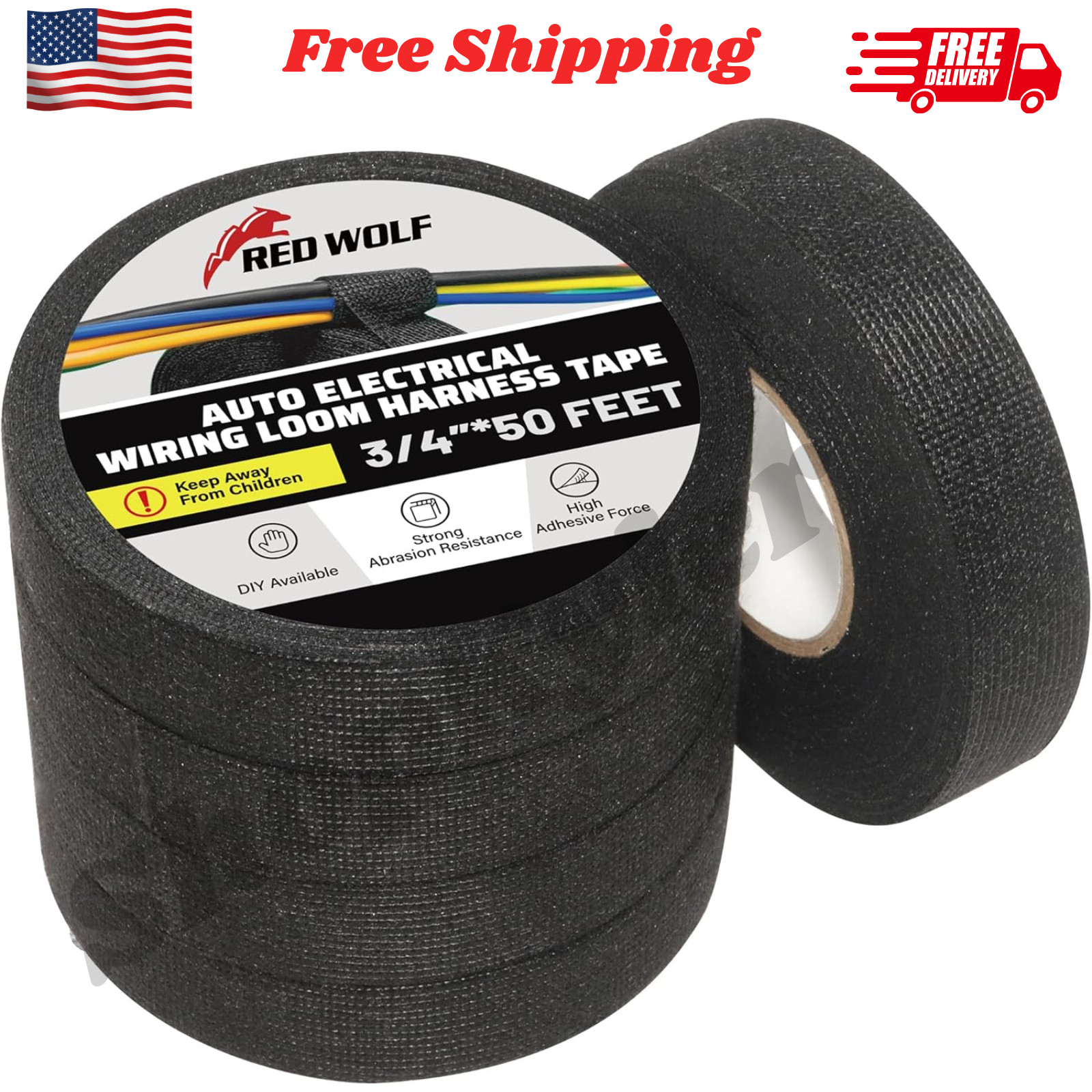RED WOLF Wiring Harness Tape High Temp Wire Cable Loom Self-Adhesive Fabric Tape