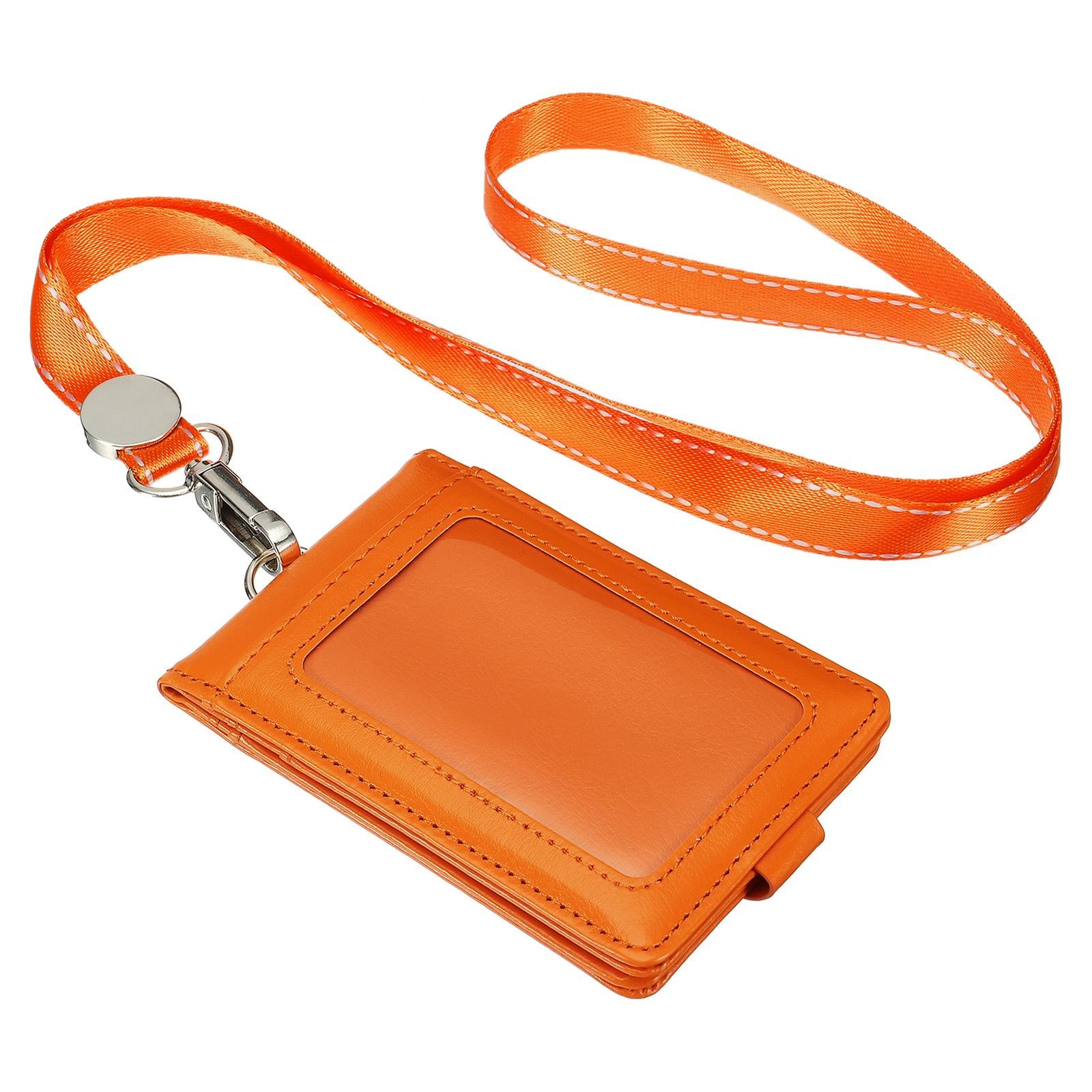 PU Leather ID Badge Holder with Detachable Neck Lanyard Set Orange