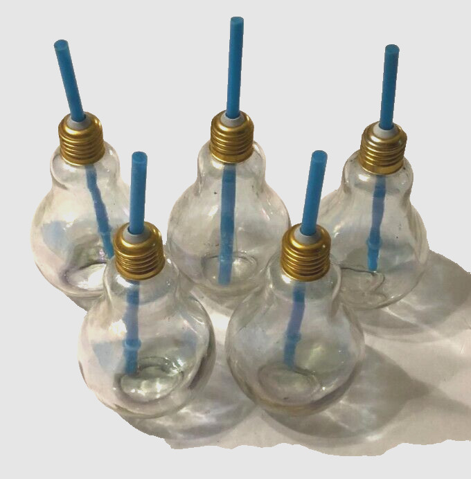 Light Bulb Clear Straw Cocktail Novelty Bar Party Vintage Drinking Glass Lot 5