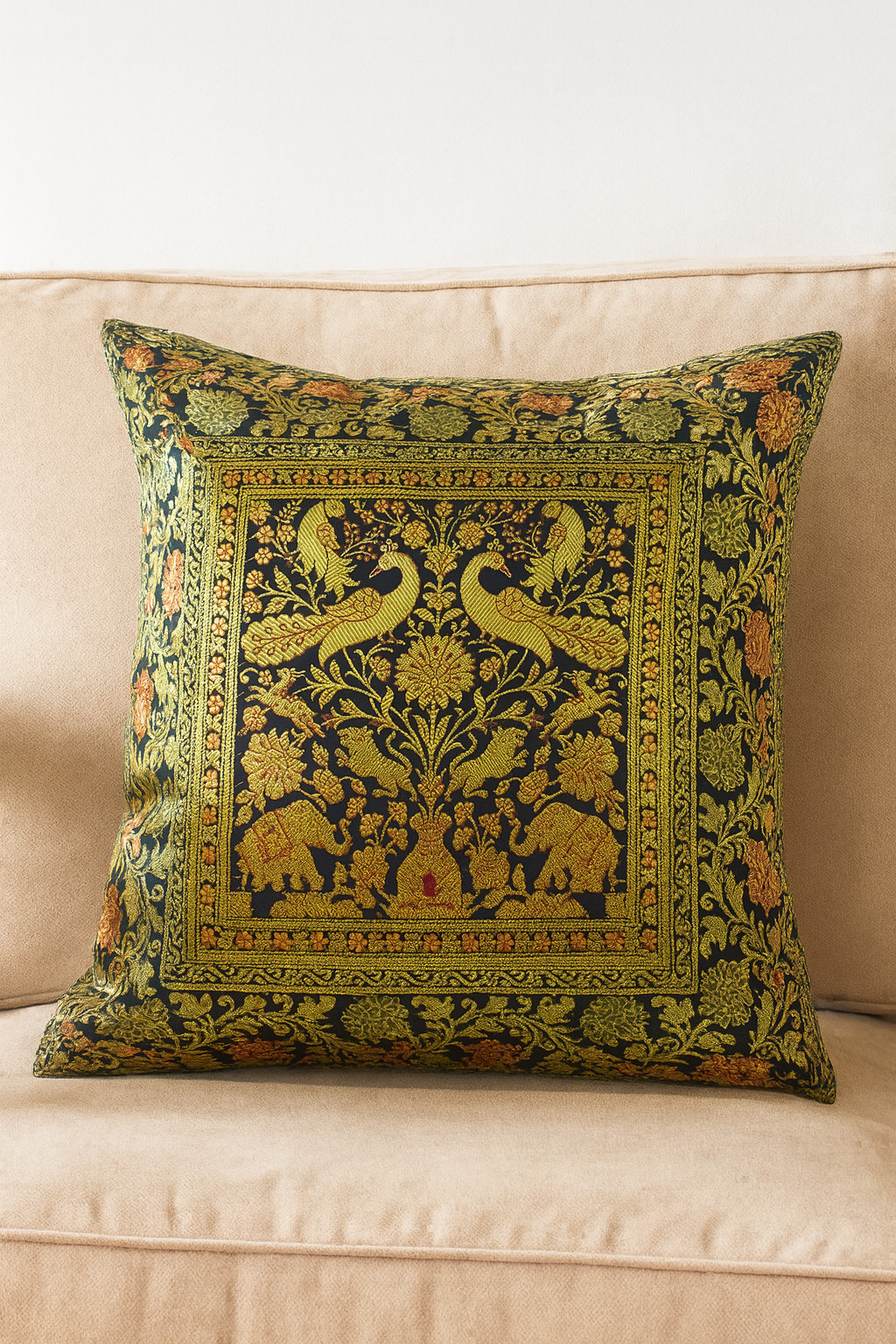 Cushion Covers Set of 4, Black Brocade Gold Peacock & Elephant Sofa Home Decor