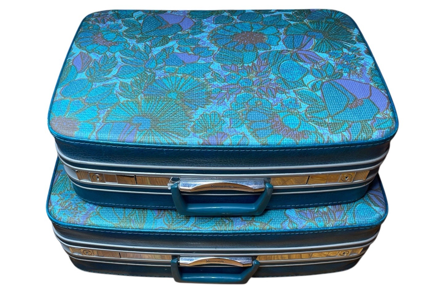 Samsonite Luggage VTG Set Fashionaire Blue Floral Real Flower Power (2) Hippie