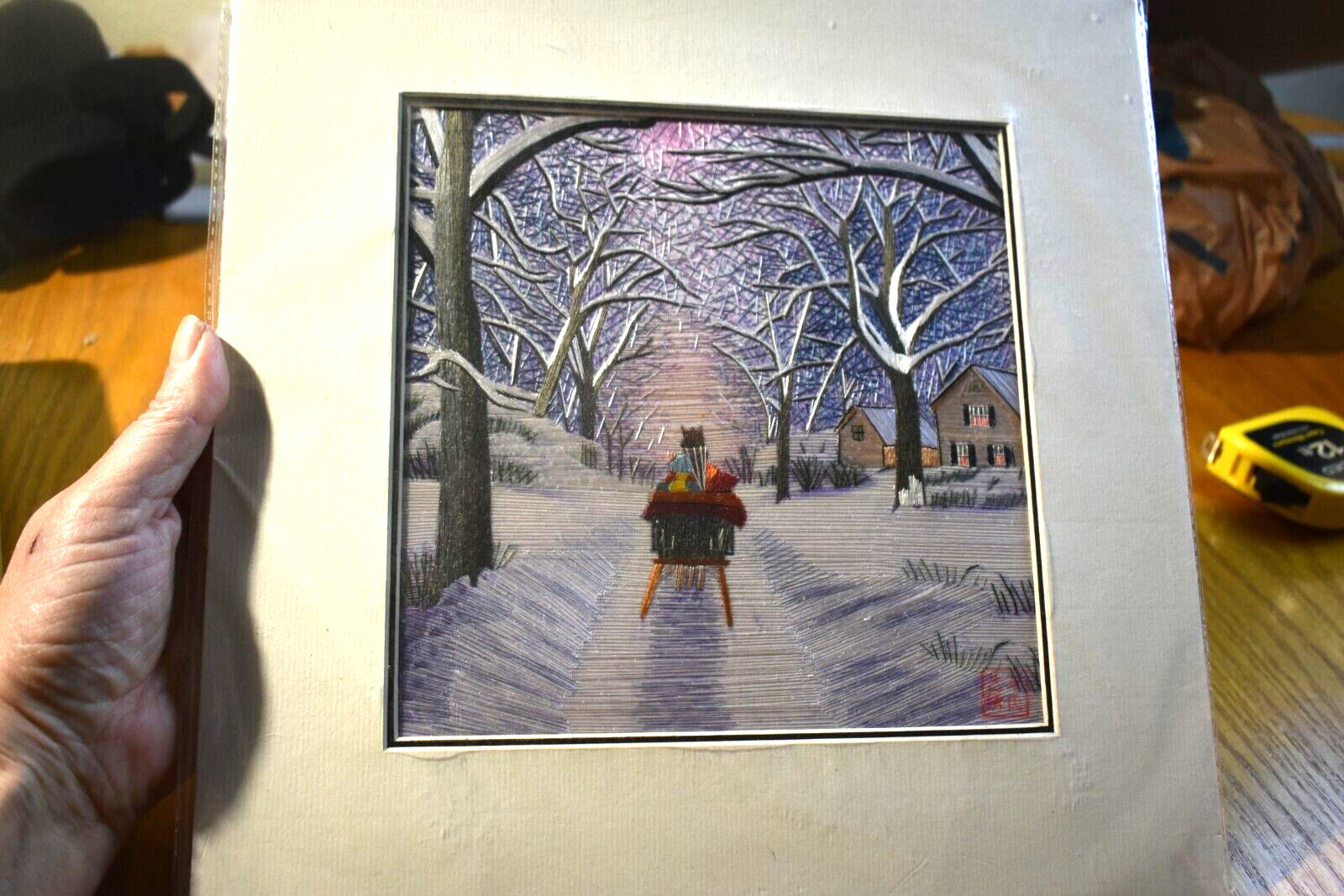 King Silk Handmade Sushiu Silk Embroidery Art Snowy Sled Scene Matted 12"x12"
