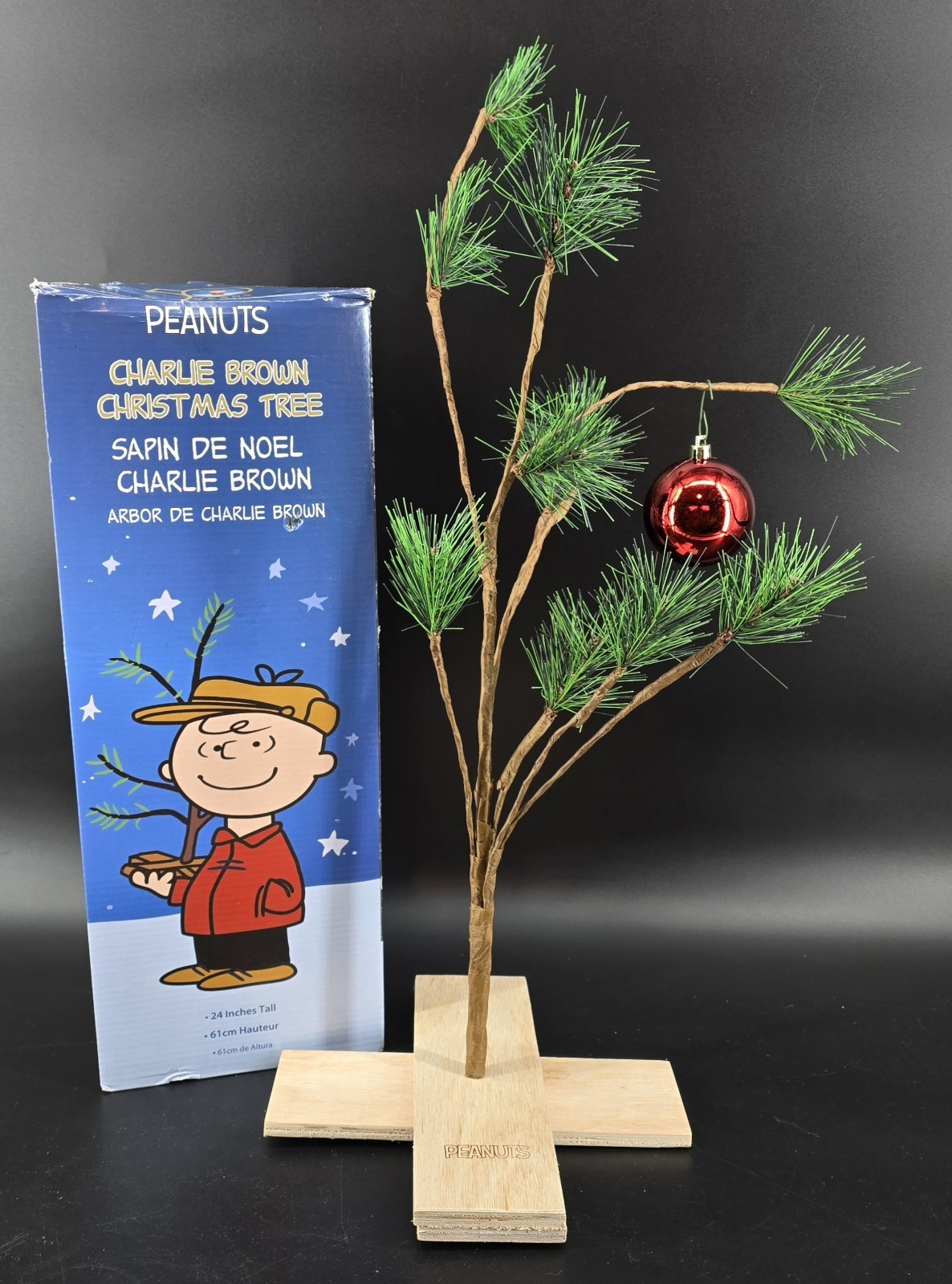 Charlie Brown Christmas Tree 24" Tall Wood Stand Red Bulb Office Desk Decor