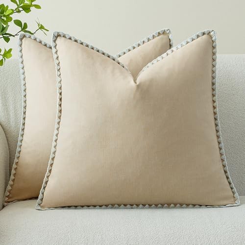 Linen-Look Pillow Covers Set of 2, Decorative Throw 22" x 22" (Pack of 2) Beige