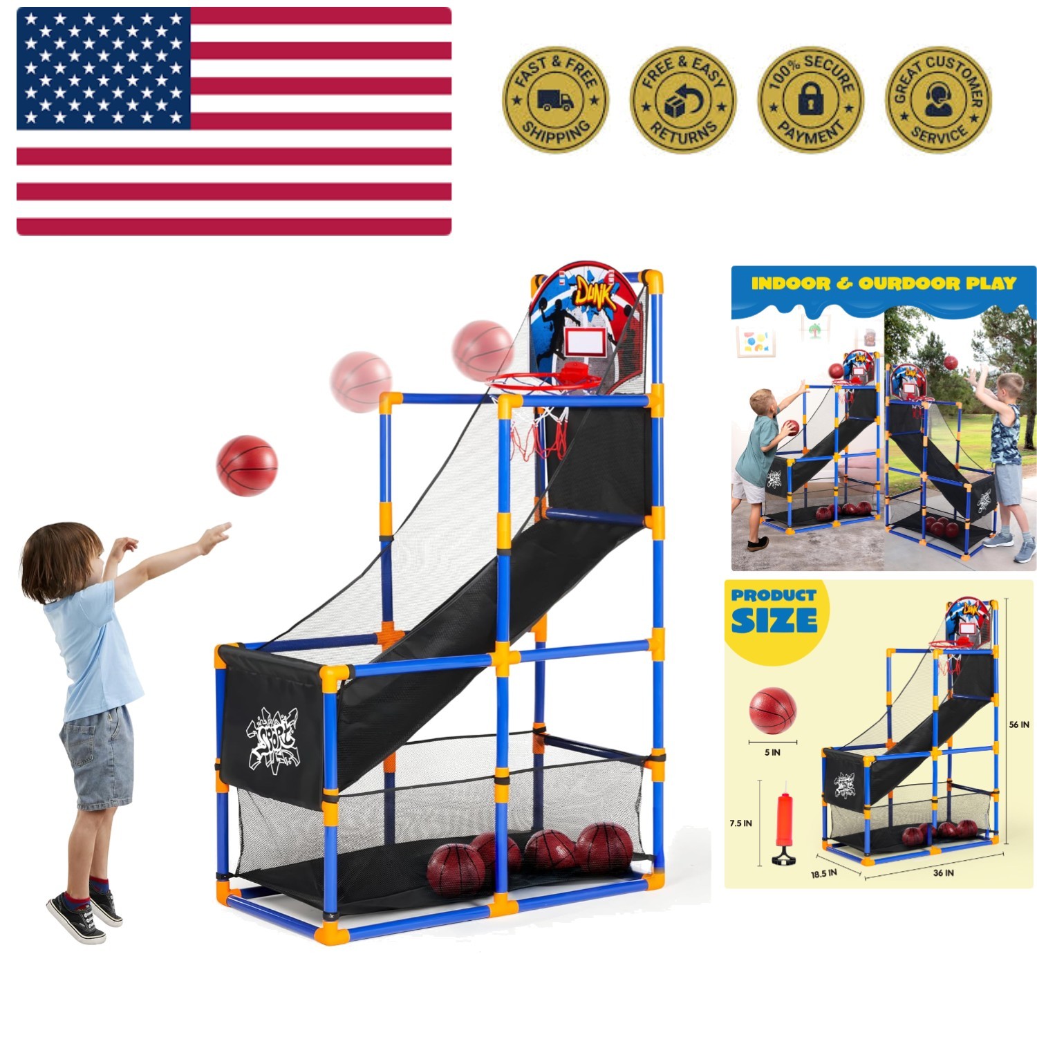 Arcade Basketball Game Set with 4 Balls and Hoop for Kids 3 to 12  Old Indoor...