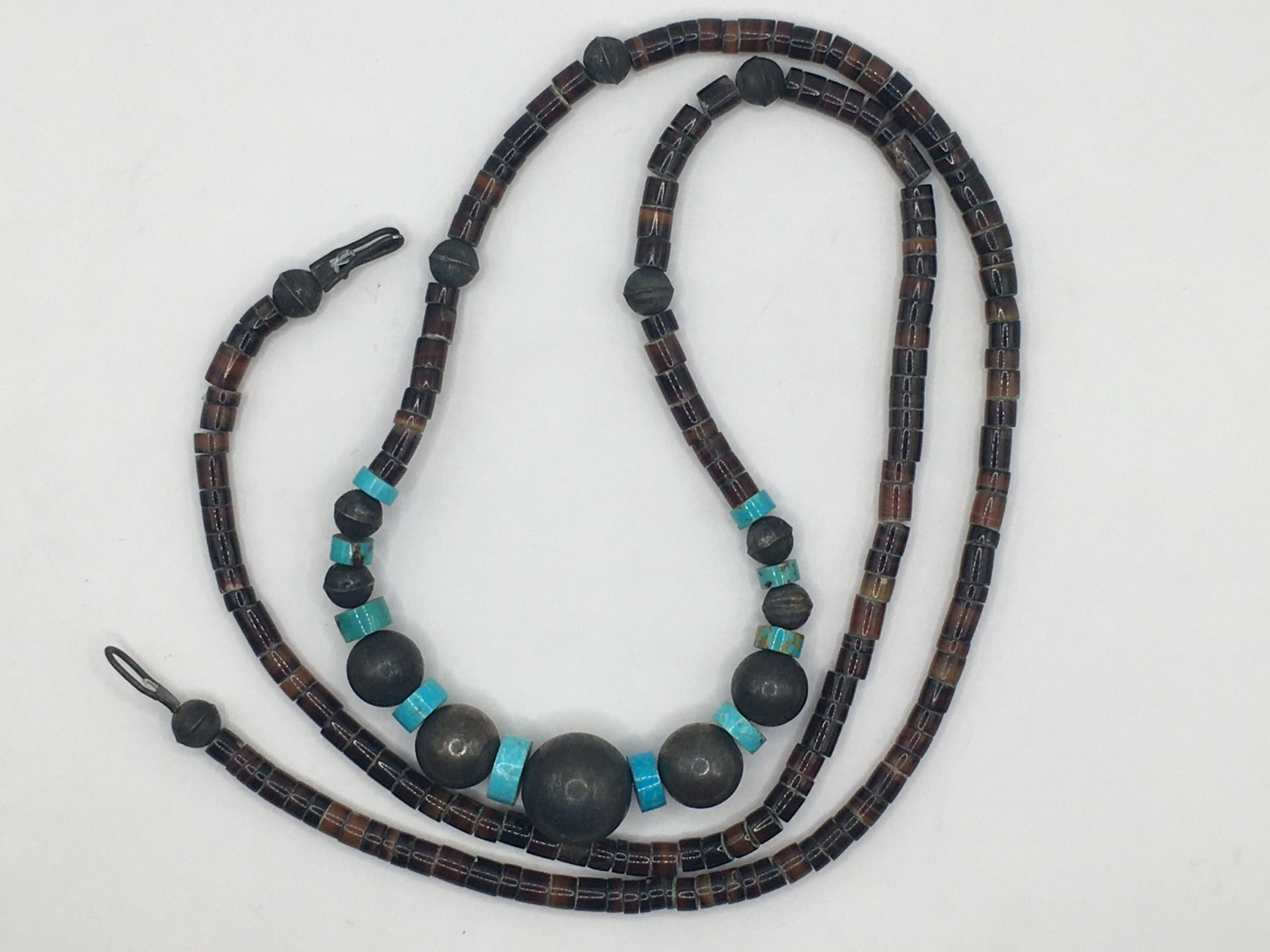 VTG Navajo .925 Sterling Silver Turquoise Bench Bead Heishi Shell Necklace 26"