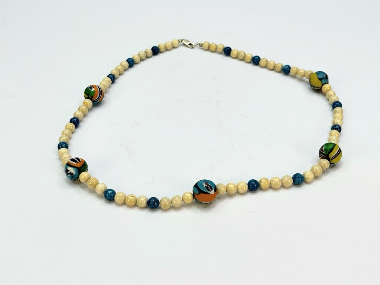 Vintage Venetian Millefiori Mosaic Face Bead Necklace Sterling 21"