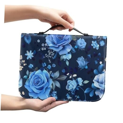 Print Cross Bible Cover for Women Men, Bible Case Bag Large Blue Rose Flowers