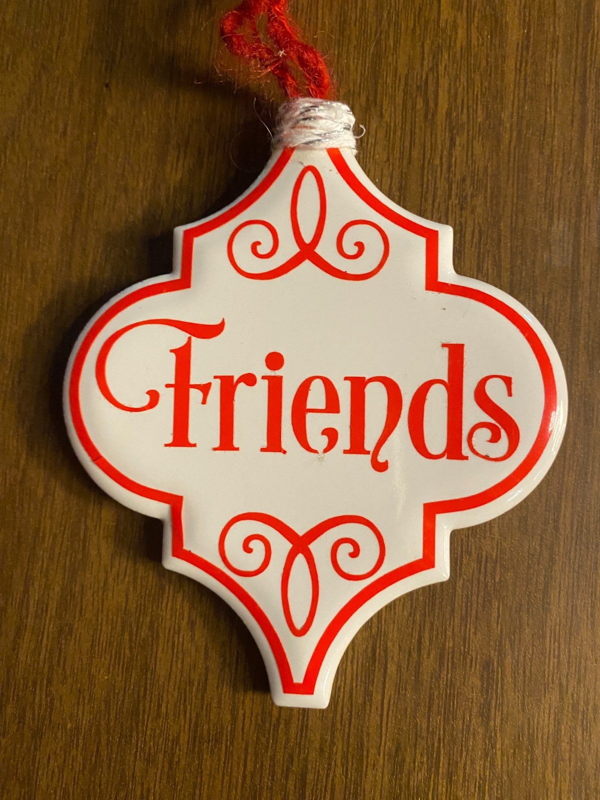 Ceramic "FRIENDS" Red White Christmas Ornament 4.5"