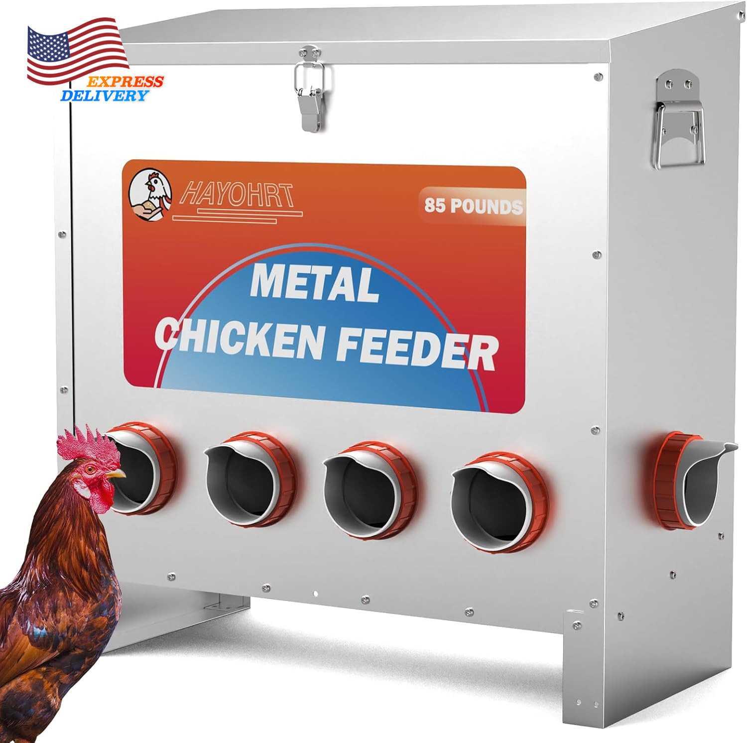 85 Pounds Automatic Chicken Feeder 6 Ports Large Gravity with Latch & Handle NEW