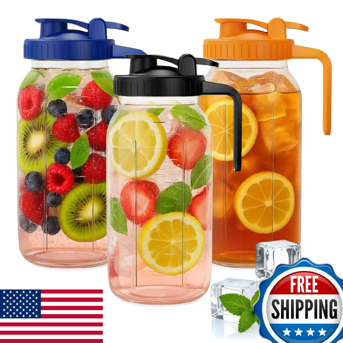 64oz Mason Jar Pitcher - Airtight Leakproof Glass W/ Handle & Lid, 3-Pack