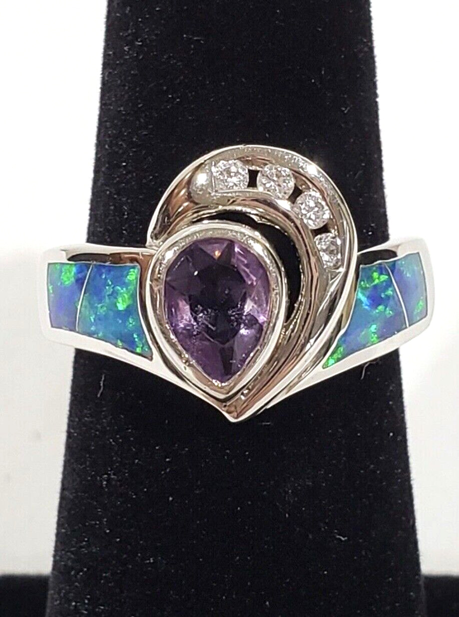 Purple Amethyst & Fire Opal 925 Sterling Silver Ring Navajo Artisan Custom Made