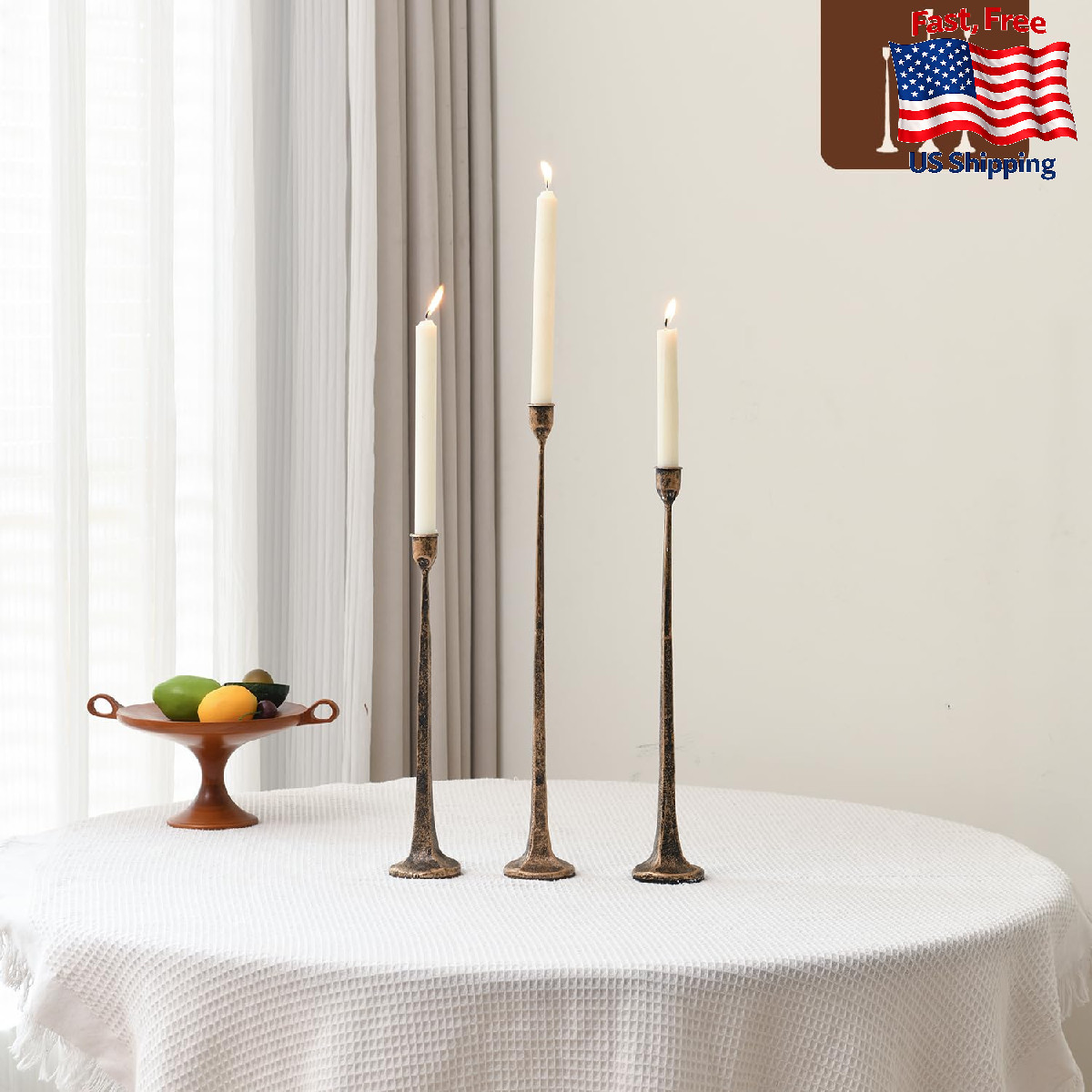 Iron Antique Gold Candlestick Holders, Set of 3 Candle Stick Holders,Fits 3/4 in