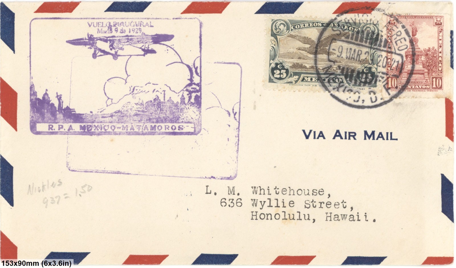 Mexico 1929 First Flight Cover RPA Mexico To Honolulu Hawaii Mixed Franking