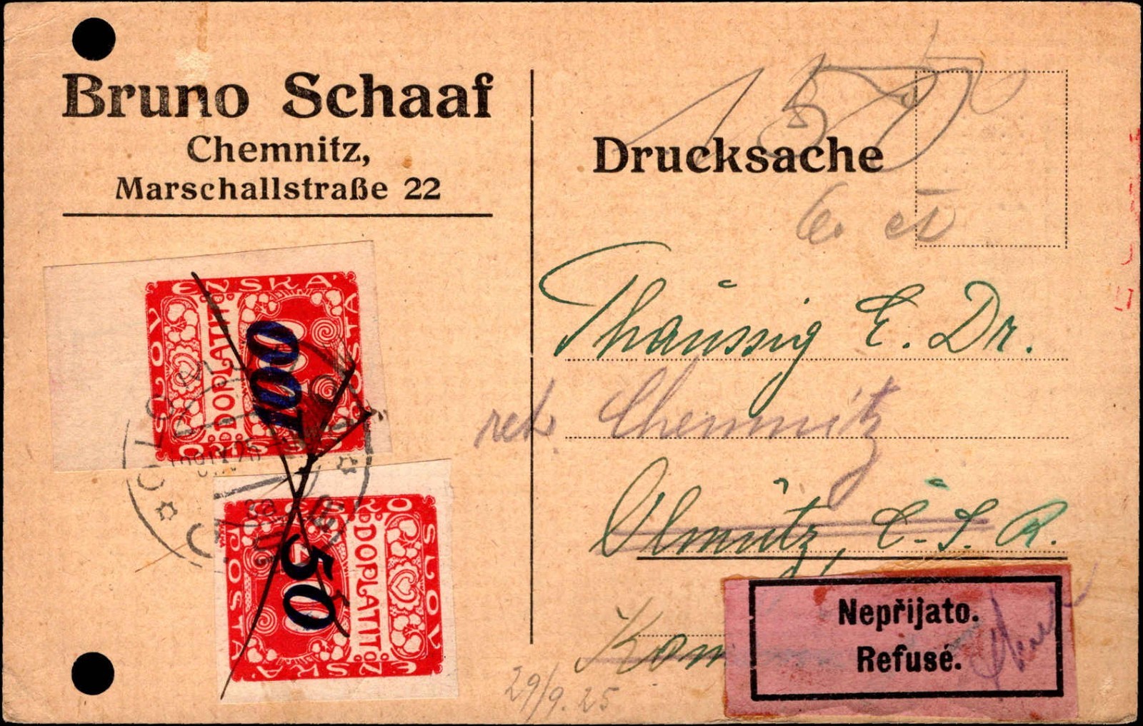 Czechoslovakia Postage Due Card Chemnitz Refused Mail Neprijato Label