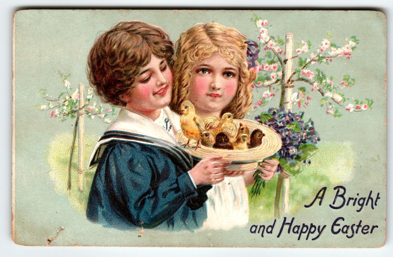 Easter Postcard Tuck 1910's Boy Girl Baby Chicks In Hat Flowers Embossed Ser 112