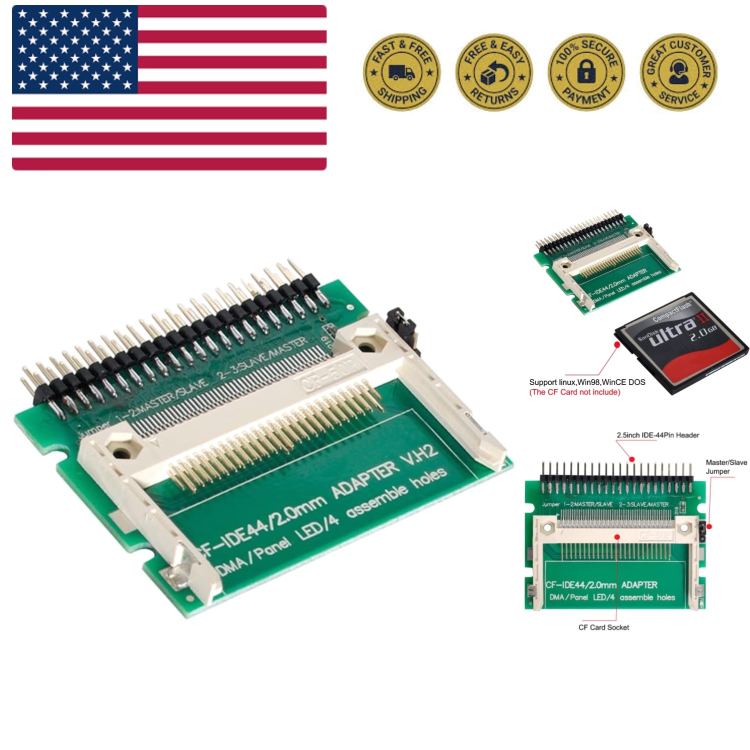 CF Compact Flash Merory Card to 2.5" 44Pin IDE Hard Disk Drive HDD SSD Adapte...