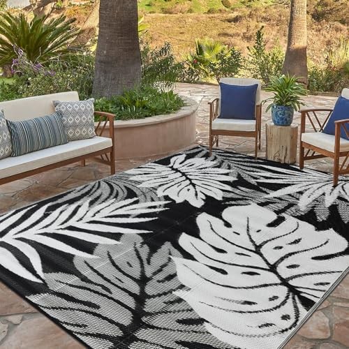 Outdoor Rug 8x10 ft Waterproof, Reversible Outdoor 8x10ft Black&white-leaves