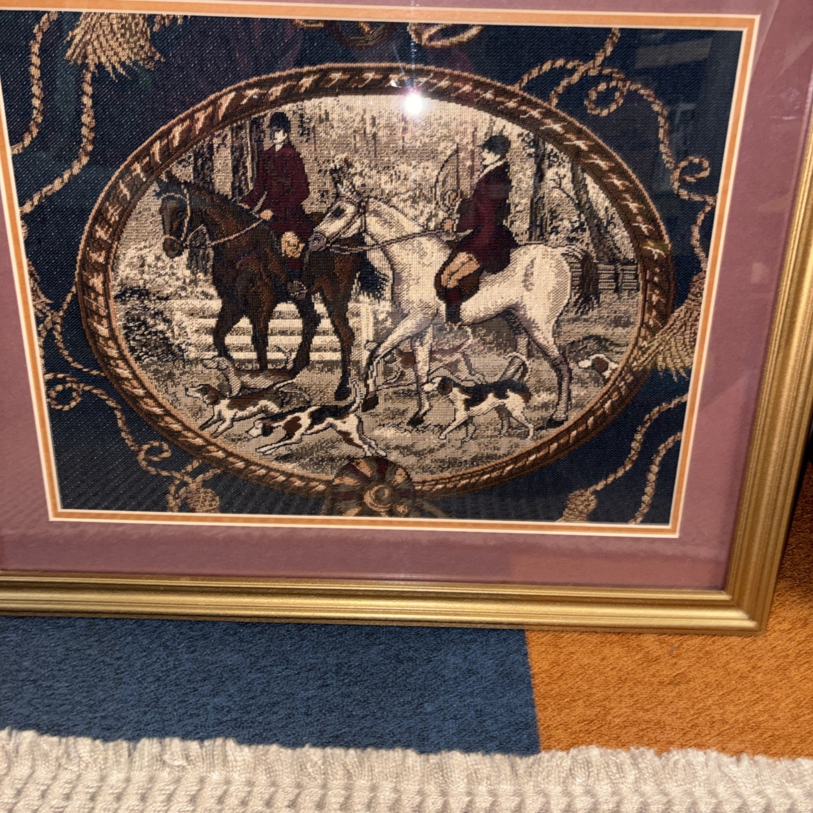 Vintage Equestrian Fox Hunt Horses Jacquard Loomed Tapestry  18" x16 1/2" NWT