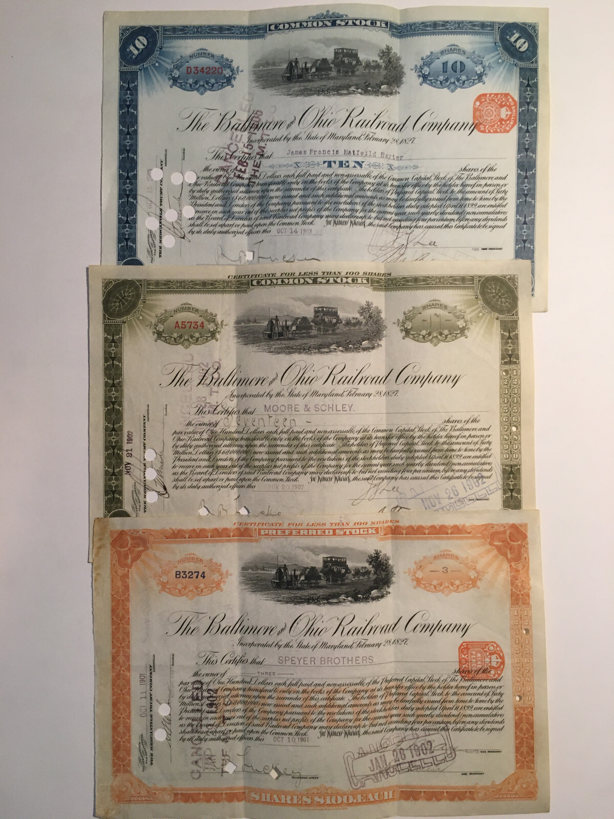 3 BALTIMORE OHIO STOCK CERTIFICATE RAILROAD RR RY RWY RAILWAY